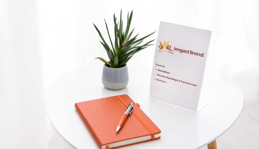 Tisch mit Pflanze, Notizbuch und Praxisschild